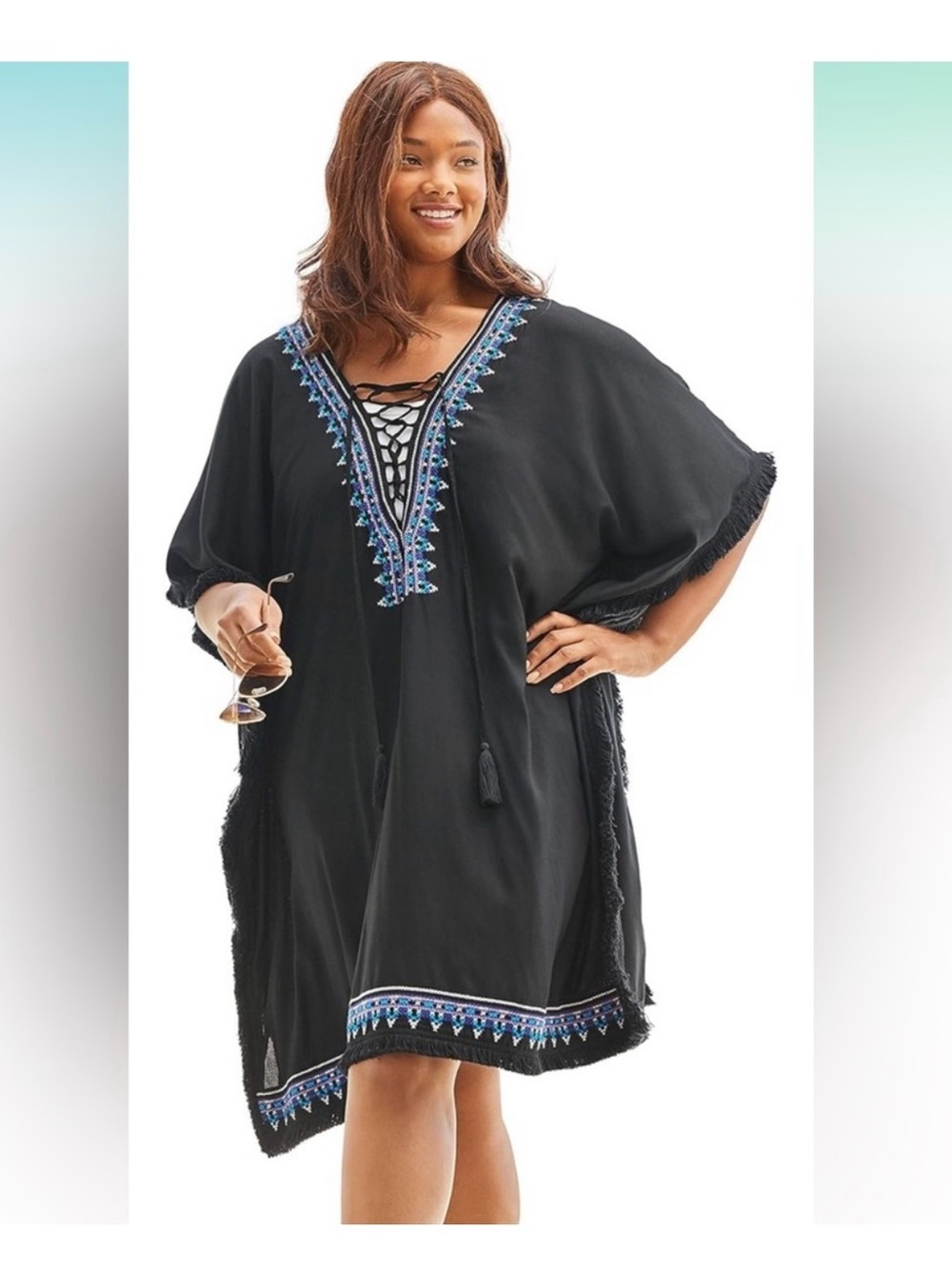 Swimsuits for all Boho Plus Size Lace-Up Black Caftan Cover Up M/L 14-20